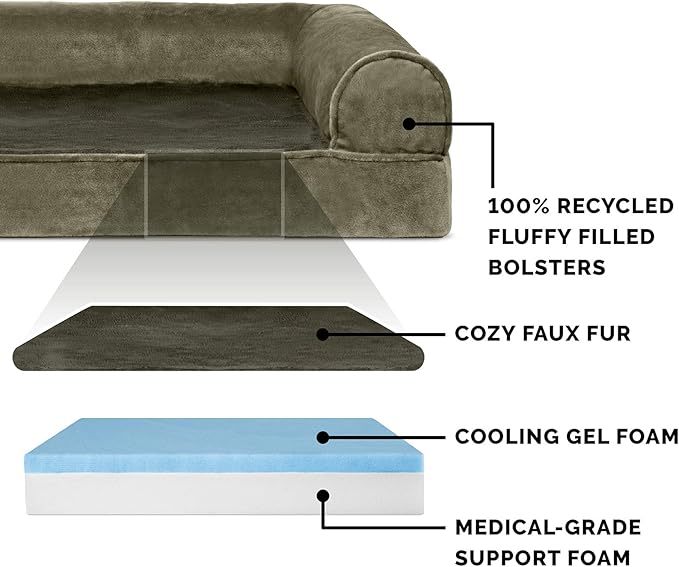 Furhaven Cooling Gel Dog Bed for Large Dogs w/ Removable Bolsters & Washable Cover, For Dogs Up to 125 lbs - Faux Fur & Velvet Sofa - Dark Sage, Jumbo Plus/XXL-PurrikoPets