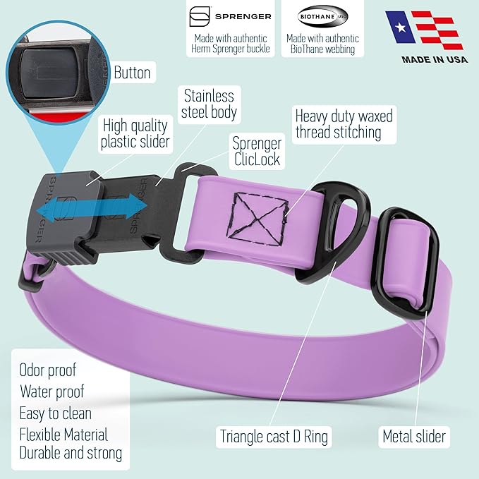 Dogline Biothane Waterproof Dog Collar with Herm Sprenger Stainless Steel Quick Release Buckle – Heavy Duty Tactical Durable Collar for Dogs – Comfortable and Safe Pet Collar W 3/4" L 12-19" Amethyst-PurrikoPets