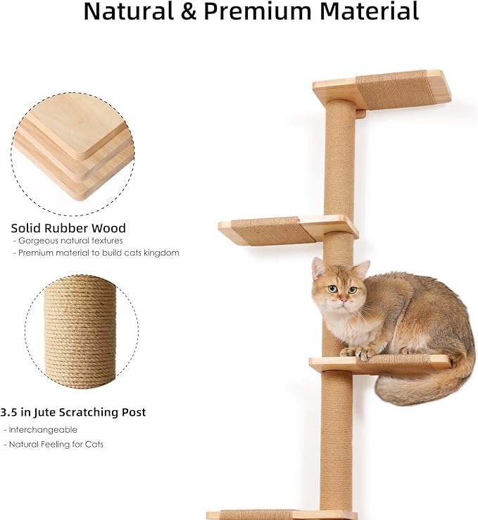 5 Tier Floor to Ceiling Cat Tree Tower with Wall-Mounted Scratching Post, Playful Wall Climbing Shelves for Cats, Ideal for Kittens to Climb, Scratch, and Lookout, Wild Simulation Design-PurrikoPets