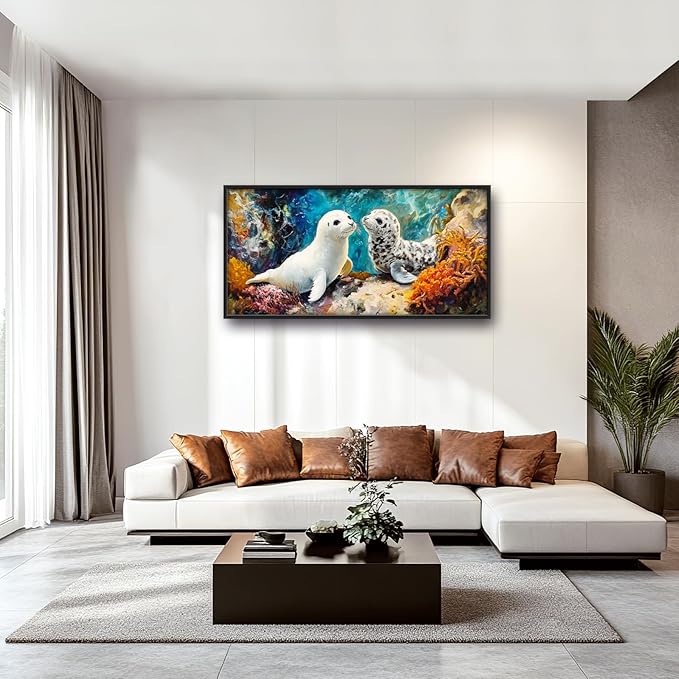 Extra Large Seal Framed Wall Art for Living Room,Oversized Underwater Animal Pictures Wall Decor,Ocean Coral Reef Canvas Print Painting Modern Artwork Bedroom Office Bathroom 60L" x 30W"-PurrikoPets