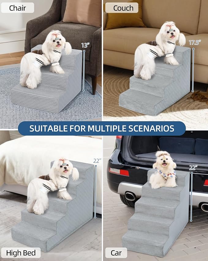 Dog Stairs for Small Dogs,17.5" H,4-Step Dog Steps for Bed and Couch with High Density Foam,Non-Slip Pet Steps for Doggy and Cat,Pet Stairs with a Washable Cover,Grey-PurrikoPets