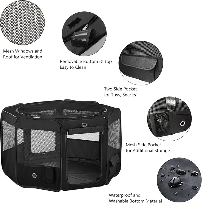 DONORO Dog Playpen Portable Pet Play Pens for Small Dog/Cat/Rabbit/Chicks, Cat Playpen Indoor/Outdoor with Carring Case, Removable Zipper Top and Bottom (Black, Medium (36"x36"x20"), 8)-PurrikoPets