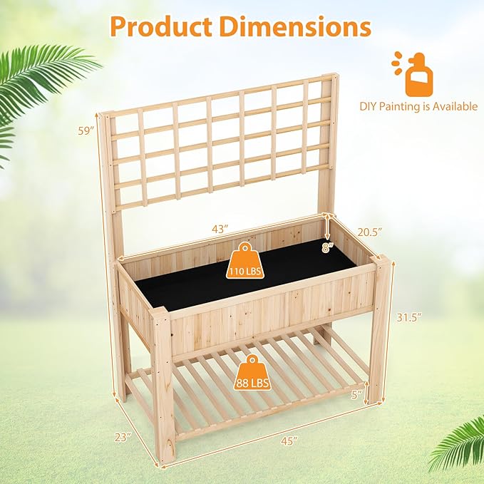 Giantex Raised Garden Bed with Trellis, Wooden Elevated Planter Box with Legs, Drainage Holes for Climbing Plants Vines Vegetables Flowers Herbs, Outdoor Horticulture Planter for Patio Yard-PurrikoPets