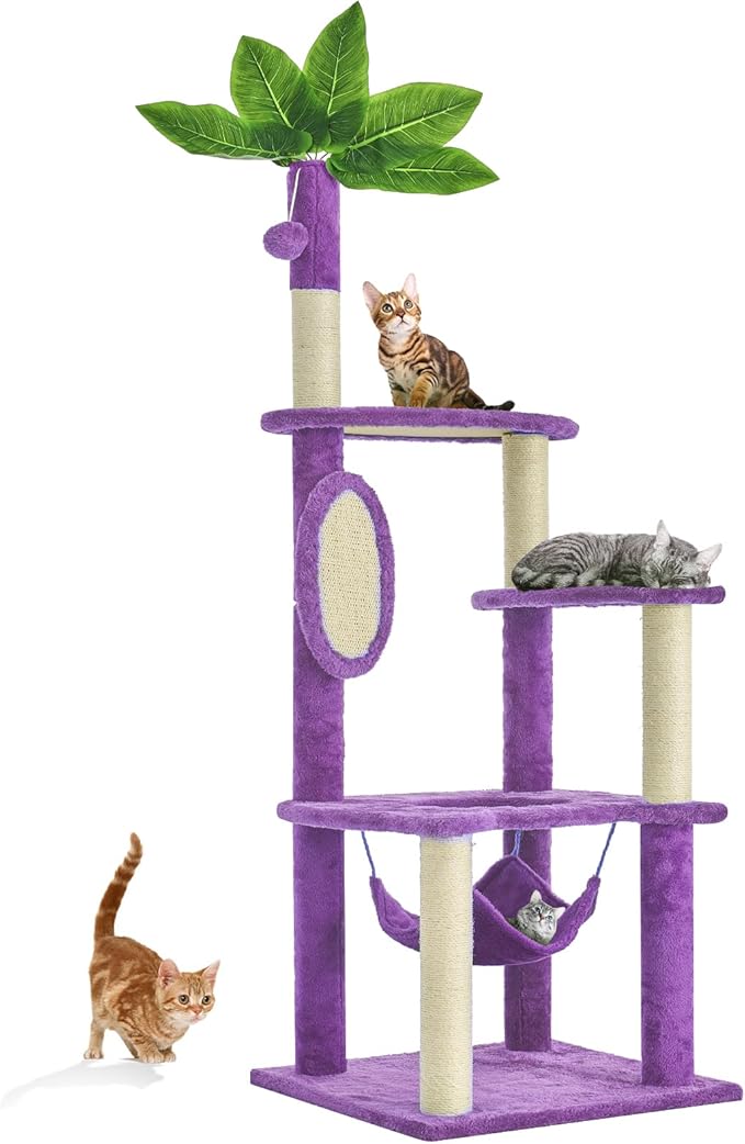 55 Inch Large Cat Tree Tower for Indoor Cats with Hammock Green Leaves Sisal Scratching Post, Plush Hang Ball Play Furniture for Kittens & Adult Cats, New Purple-PurrikoPets