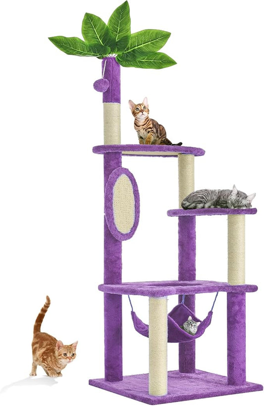 55 Inch Large Cat Tree Tower for Indoor Cats with Hammock Green Leaves Sisal Scratching Post, Plush Hang Ball Play Furniture for Kittens & Adult Cats, New Purple-PurrikoPets