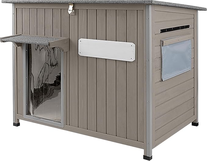 43.3" L Large Outdoor Dog House Weatherproof Doghouse for Medium to Large Dogs with Anti Bite Frames Wooden Dog Kennel with Window,8 Elevated Feet,Reinforced Bottom for Pet Up to 180 LBS-PurrikoPets