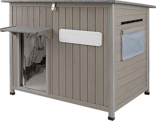 43.3" L Large Outdoor Dog House Weatherproof Doghouse for Medium to Large Dogs with Anti Bite Frames Wooden Dog Kennel with Window,8 Elevated Feet,Reinforced Bottom for Pet Up to 180 LBS-PurrikoPets