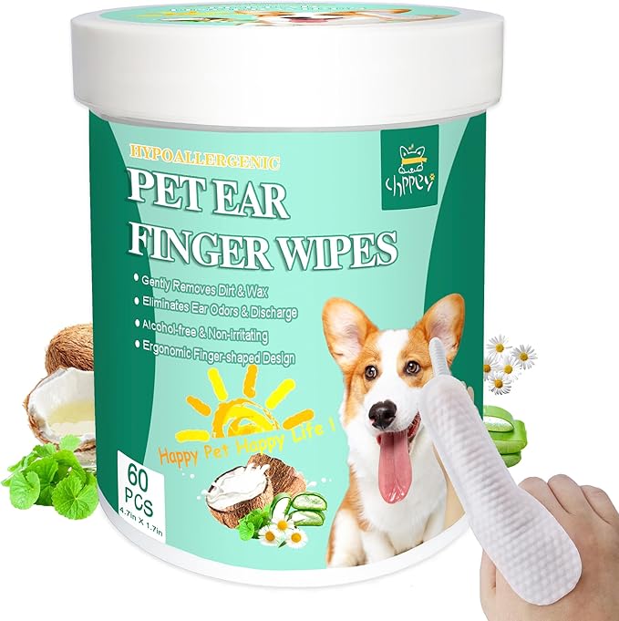 60 ct Pet Ear Finger Wipes for Dogs - Extra-Coverage and Large Design with Coconut Oil and Aloe Vera, Relieve Ear Itching and Inflammation, Remove Ear Wax and Debris, Soothing Cleansing Deodorizing-PurrikoPets