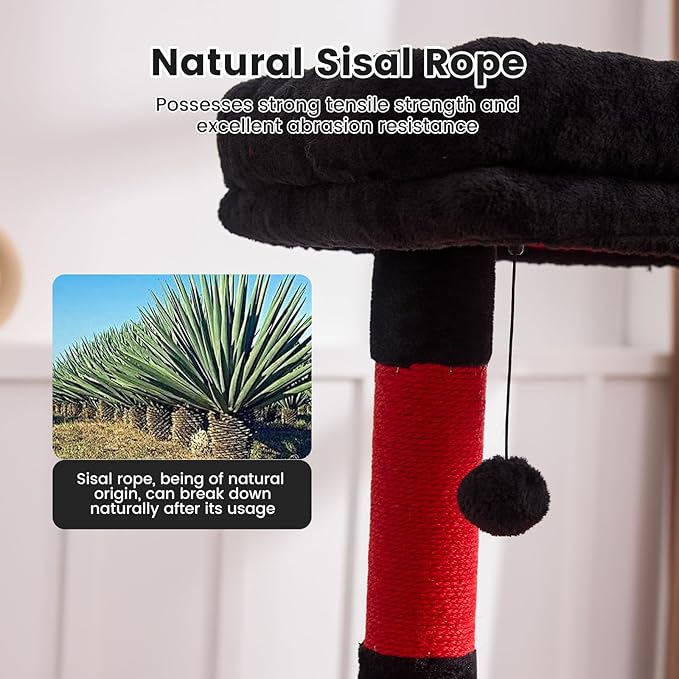 Gardner Pet 65in Heavy Duty Cat Tree Tower for Large Cats, Multi-Level Cat Furniture with Replaceable Sisal Scratching Post, Hammock | Extra-Large Platform & Condo (Black Red, Basic φ:2.84")-PurrikoPets