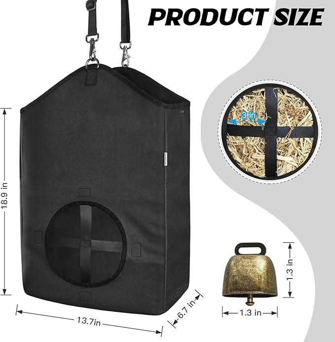3 PCS Goat Hay Feeder,Hay Bags for Horses,Goats,Donkeys with Reinforced Oxford Fabric and High Strength Metal Clasp,Horse Feeding Supplies with Adjustable Strap for Easy Hanging (3Black)-PurrikoPets