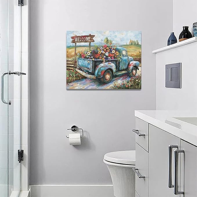 Farmhouse Truck Wall Art Rustic Country Wildflowers Wall Decor Road Flowers Landscape Pictures Canvas Print Painting Artwork for Bathroom Living Room Bedroom 12"x16"-PurrikoPets