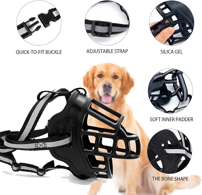 Dog Muzzle, Breathable Basket Muzzles for Small Medium Large Sized Dogs, Adjustable Humane Cage Mouth Cover for Grooming Biting Chewing, Allows Panting and Drinking (Soft Rubber, S)-PurrikoPets