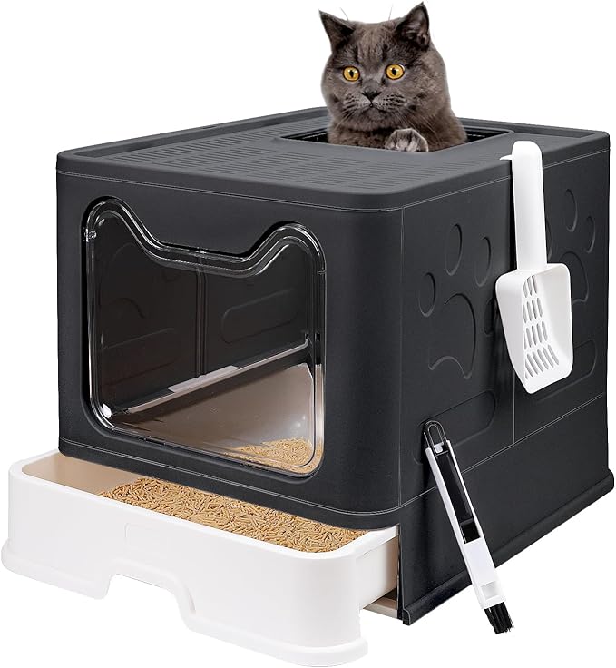 Foldable Cat Litter Box with Lid, Enclosed Potty, Large Top Entry Anti-Splashing Toilet, Easy to Clean Including Litter Scoop and 2-in-1 Cleaning Brush (Black)-PurrikoPets
