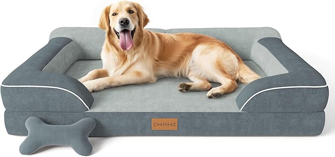 Extra Large Dog Bed, Orthopedic XL Dog Bed with Cooling Gel Memory Foam, Waterproof Pet Bed with Removable Washable Cover, 42" Pet Sofa Couch Dutch Velvet with Bone Toy, Dark Gray-PurrikoPets