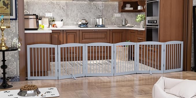 Freestanding Pet Gate for Dogs, Foldable Wooden Dog Gate for House, Extra Wide Indoor Pet Barrier for Stair, Doorway, Hall, Support Feet Included, 120 Inch Wide, 6 Panels 24", Grey-PurrikoPets