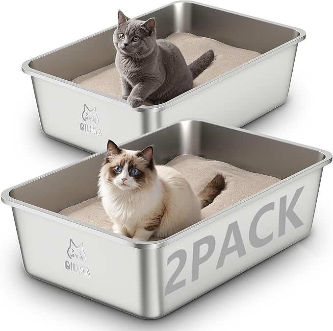 2 Pack Stainless Steel Cat Litter Box, 23.4" L×15.6" W×7.8" H, Metal Kitty Litter Box with High Sided for Big Cats, Non-Stick, Easy to Clean, Odor-Free-PurrikoPets