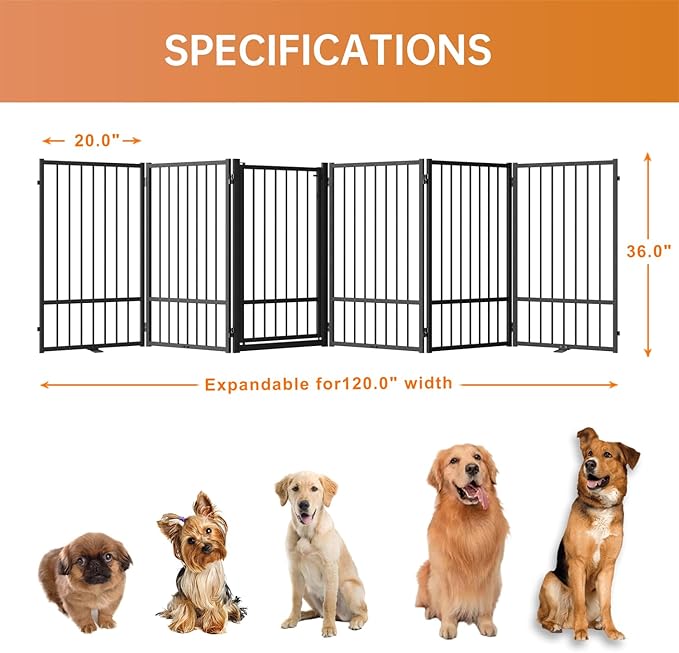 Full Metal Freestanding Dog Gate with Door, 36''Height Foldable Pet Dog Fence for Indoor & Outdoor, 6 Panels Extra Wide Free Standing TallDog Gates for Doorways,House,Stairs,Porch,Deck,Yard-PurrikoPets