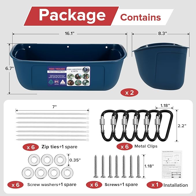 Goovilla Large Feed Trough, Hanging or Screw-in Fence Feeder with Clips, 2 Pack 9 Quart Goat Feeder Supplies, Dog Horse Hog Pig Livestock Poultry Plastic Feeder Trough Bucket for Large Animal, Blue-PurrikoPets