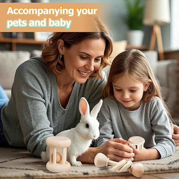 3 Pcs Natural Wooden Bunny Toys, Safe Rabbit Toys for Guinea Pig Chinchillas Hamsters Small Animals Playing Teeth Grinding Indoor Outdoor-PurrikoPets