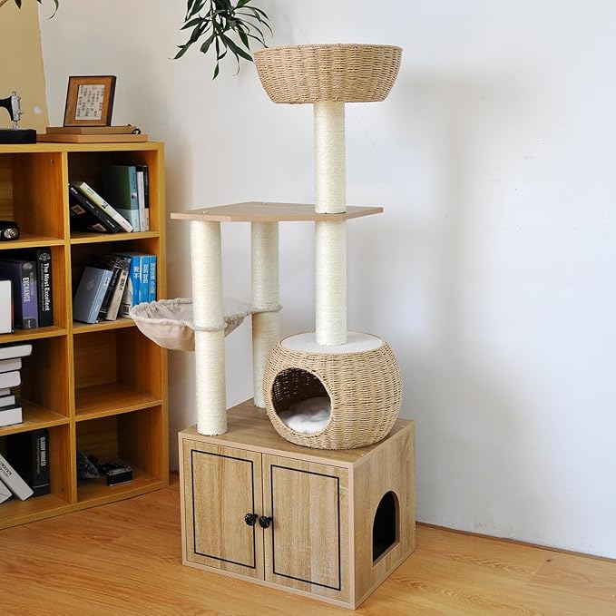 56.7" Tall Rattan Cat Tree for Indoor Cats, Multi-Level Wooden Cat Tower with Scratching Posts, Large Cat Climbing Furniture with Perches-PurrikoPets