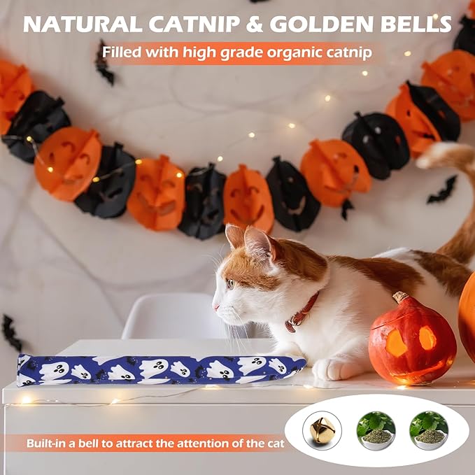 EXPAWLORER Halloween Cat Toys, 4 pcs Soft Pillow Catnip Toys with Bells Inside, Interactive Bite Resistant Fish Shape Kicker Toys for Indoor Kitten Playing-PurrikoPets