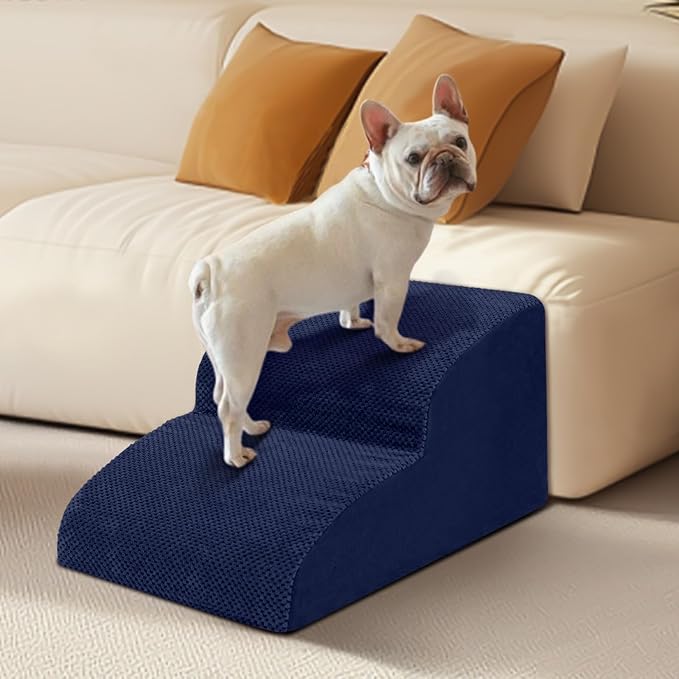 Dog Stairs for Small Dogs - High Density Foam Pet Steps, Extra Wide Dog Ramp with Non-Slip Bottom for High Beds, Couch and Sofa, Best for Dogs Injured, Older Doggy Cats,2 Steps, Navy-PurrikoPets