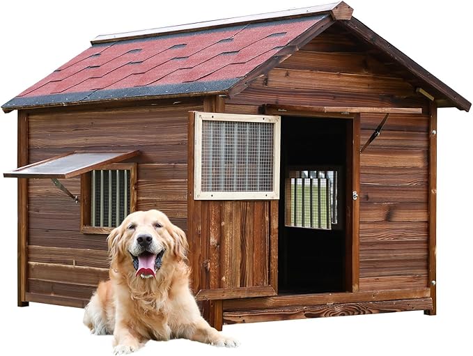 Dog House Outdoor, Solid Pine Wood Dog House with Waterproof Roof, Warm Spacious Pet House, Heavy Duty Animal Shelter for Large Breed Weatherproof, 4XL-PurrikoPets