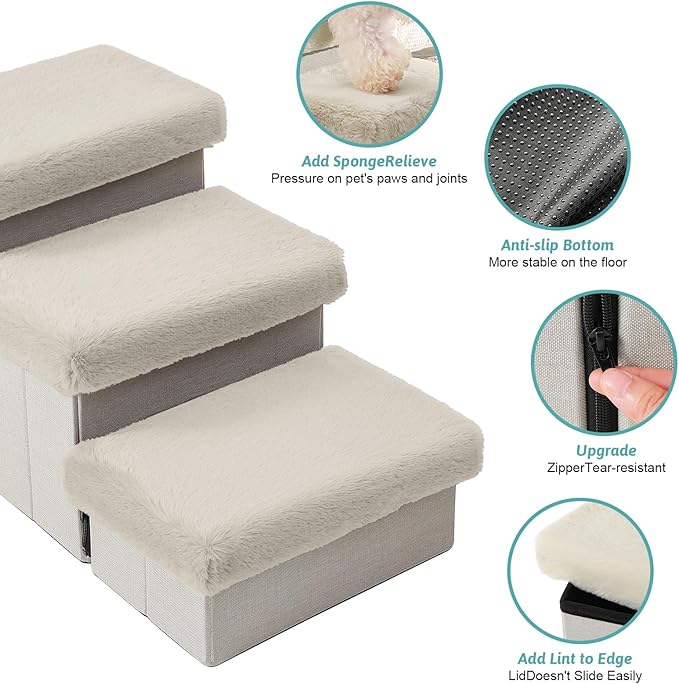 Dog Stairs for Small Dogs with Storage and Condo, 14" H Foldable Pet Stairs for Small Medium or Puppy Dogs and Older Cats, Dog Steps for Bed or Couch, 13x27x14 inch, 3 Tiers, Beige-PurrikoPets