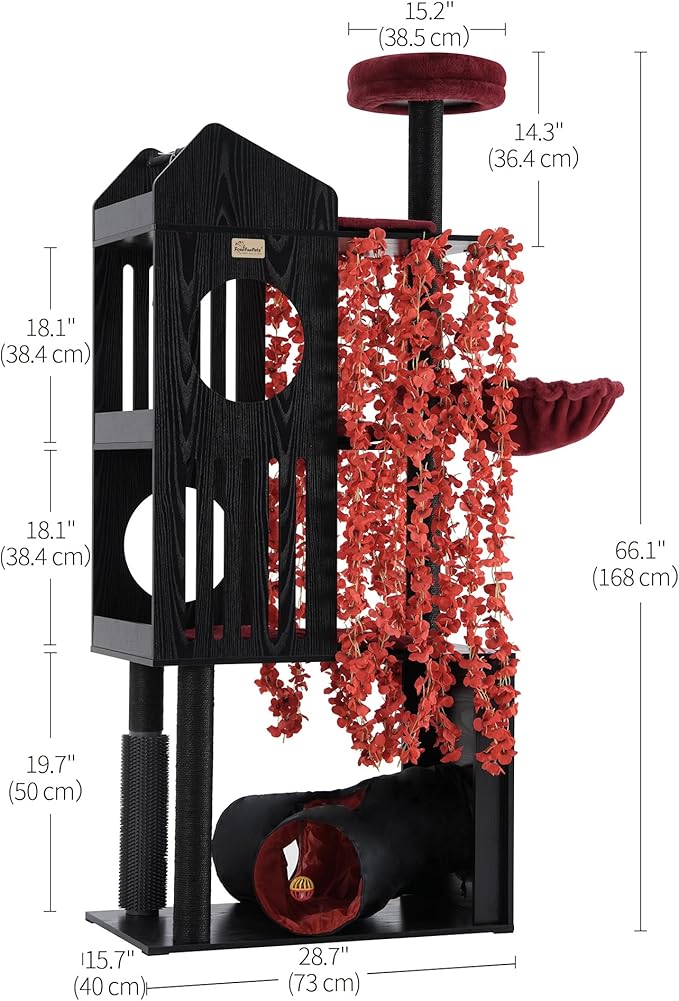 FourFurPets Gothic Cat Tree, 67" Cat Tower for Indoor Cats, Maine Coon Cat Tree for Large Cats 20 lbs+ with Extra-Large Padded Platform, Sisal-Covered Scratching Posts, Comfy Basket, Black & Red-PurrikoPets