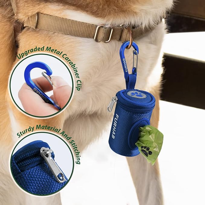 Dog Poop Bag Holder for Leash Doggie Waste Bag Dispenser Soft Fabric Puppy Potty Carrier Small Doggy Zipper Pouch with Carabiner Clip 1680D Nylon Oxford with 1 Roll of Pet Trash Bag, Royal Blue-PurrikoPets
