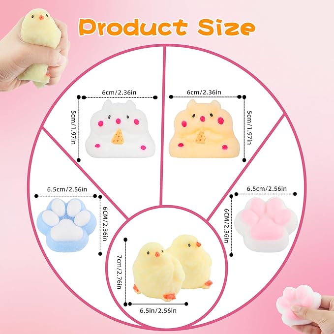 6 Pcs Taba Squishy , Kit Squeeze Toy ,Include Squishies( 2 Cat Paws & 2 Chick,2 Hamster), Soft Stress Relief Squeeze Toy,tress Relief Sensory Toy-PurrikoPets