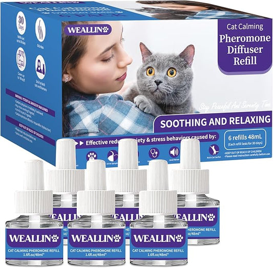 6 Pack Cat Calming Diffuser Refills - Cat Pheromones Calming Diffuser Refill Relieve Anxiety & Stress 6 Month Supply, Cat Pheromone Diffuser Refills (Fits All Common Diffuser Heads)-PurrikoPets