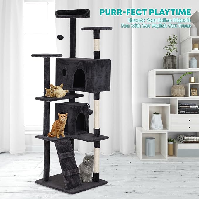 FDW Cat Tree 70in Cat Tower Multi-Level Durable Cat Scratching Post & Cozy Fun Cat Jumping Platform Space Saving Cat Condo Pet Play House for Indoor Cats,Dark Gray-PurrikoPets