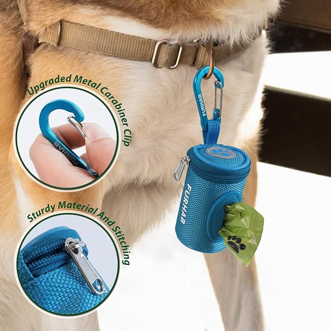Dog Poop Bag Holder for Leash Doggie Waste Bag Dispenser Soft Fabric Puppy Potty Carrier Small Doggy Zipper Pouch with Carabiner Clip 1680D Nylon Oxford with 1 Roll of Pet Trash Bags, Sky Blue-PurrikoPets