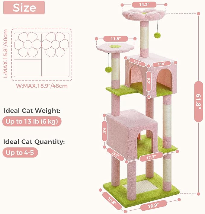 Flower Cat Tree, 62-Inch Large Cat Tower for Multi-Cat Households w/Scratching Posts, Multi-Level Cat Condo w/Cozy Top Perch & Scratching Pad, Padded Platform, 2 Pompoms, Pink-PurrikoPets