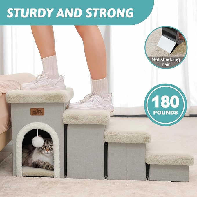 Dog Stairs for Small Dogs with Storage and Condo, 17.5" H Foldable Pet Stairs for Small Medium or Puppy Dogs and Older Cats, Dog Steps for Bed or Couch, 13x35x17.5 inch, 4 Tiers, Beige-PurrikoPets