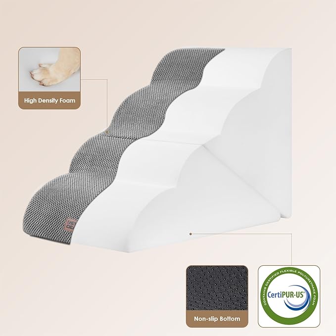 EHEYCIGA Curved Foldable Dog Stairs Ramp for High Beds 19.7" H, 4-Step Dog Steps for Small Dogs and Cats, Pet Stairs for High Bed Climbing, Non-Slip Balanced Pet Step Indoor, Grey-PurrikoPets