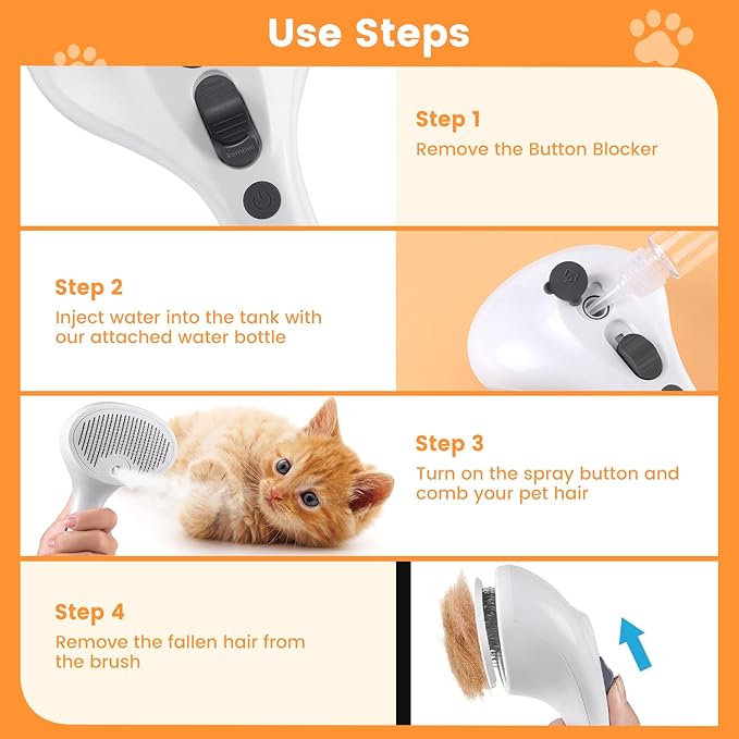 3 in 1 Cat Steam Brush for Cats & Dogs, Pet Spray Hair Removal Comb for Shedding & Grooming, Rechargeable Water Brush for Long & Short Haired Pets with Release Button(White)-PurrikoPets