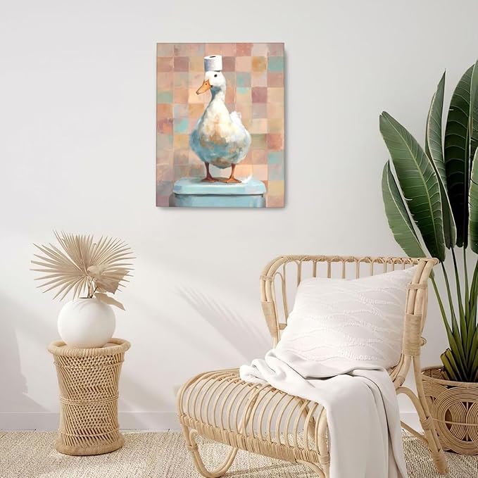 Funny Duck Bathroom Wall Art Cute Duck on Toilet Canvas Wall Decor Funny Quirky Farm Animal Pictures Painting Print Framed Artwork Decorations Gifts for Bathroom 16"x20"-PurrikoPets