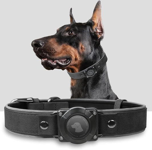 AirTag Dog Collar - Leather Dog Collar with Air Tag Holder | IPX8 Waterproof, Reflective, High - End, Adjustable Soft Padded | Dog GPS Tracker Collars Fit for Medium Large Dogs (Black, XL)-PurrikoPets
