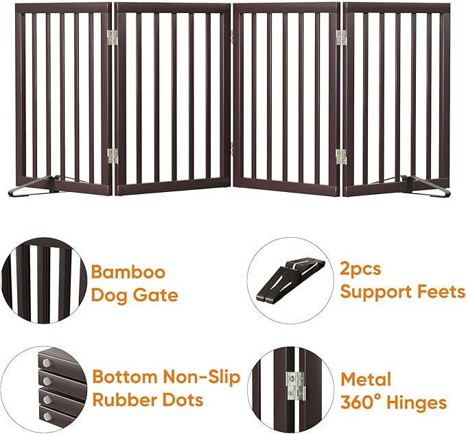 Freestanding Dog Gate Folding Brown Dog Gates for The House Doorways Stairs Pet Gates for Dogs, Doogie Puppy Fence Gate-PurrikoPets