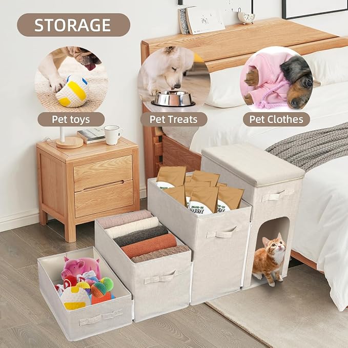 Dog Stairs with Storage, Folding Pet Steps with Zip for Small Dogs and Cats, 4-Step Pet Stairs with Pet House for High Bed, Couch and Car Ramp, Up to 200 Lbs (Beige, 4 Steps with Condo)-PurrikoPets