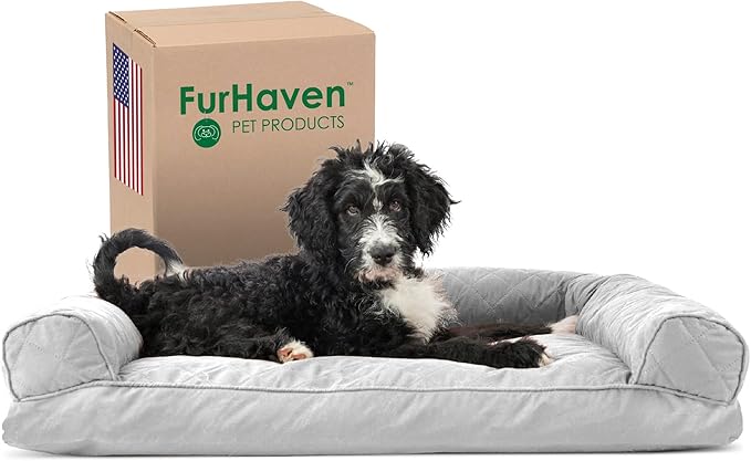 Furhaven Pillow Dog Bed for Large/Medium Dogs w/ Removable Bolsters & Washable Cover - Quilted Sofa - Silver Gray, Large-PurrikoPets