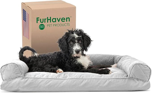 Furhaven Pillow Dog Bed for Large/Medium Dogs w/ Removable Bolsters & Washable Cover - Quilted Sofa - Silver Gray, Large-PurrikoPets
