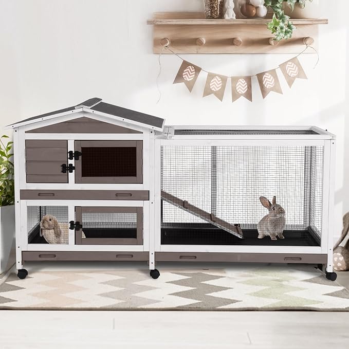 2-Story Indoor Rabbit Hutch with Chew-Proof Outdoor Rabbit Cage with 6 Locking Casters Bunny Cage 2 Pull-Out Trays Guinea Pigs Cage 62" Brown-PurrikoPets