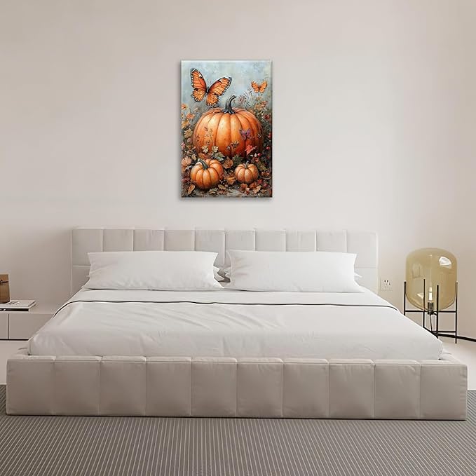 Fall Pumpkin Pictures Wall Art, Rustic Thanksgiving Bathroom Wall Decor, Farmhouse Autumn Butterfly Framed Painting Canvas Artwork for Harvest Gift Bedroom Living Room Decorations 24"L x 16"W-PurrikoPets