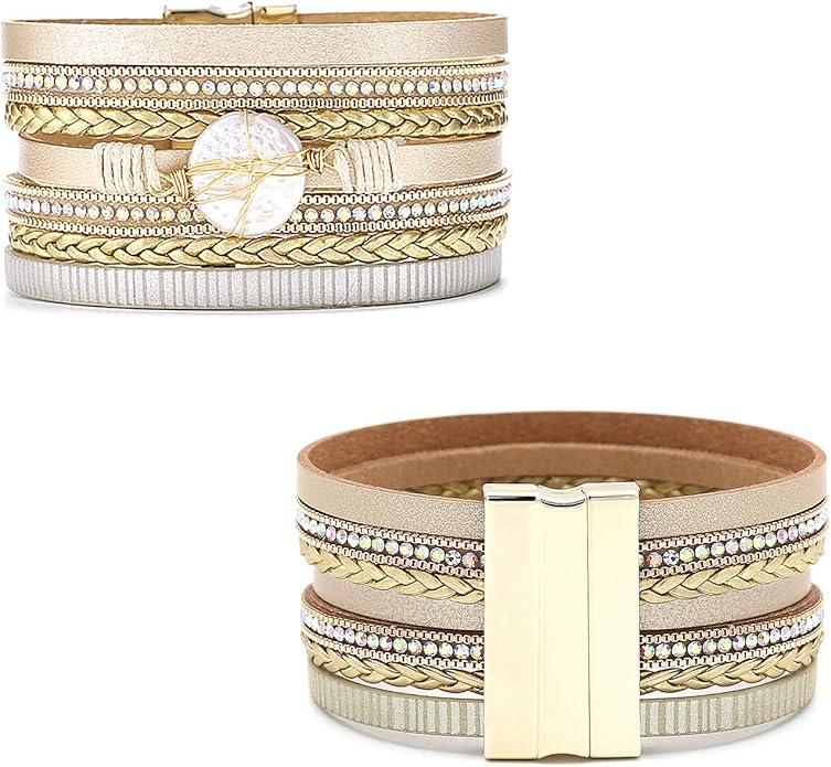 Wowanoo 3Pack Leather Cuff Bracelet Set Multilayer Wrap Bracelet Crystal Feather Tree Bracelet Magnetic Clasp Bracelet for Women