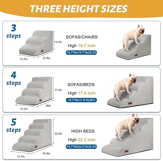 5-Step Dog Stairs and Ramp for High Bed, Non-Slip Sturdy Pet Steps for Small Dogs and Cats,22.2" H,Light Grey-PurrikoPets