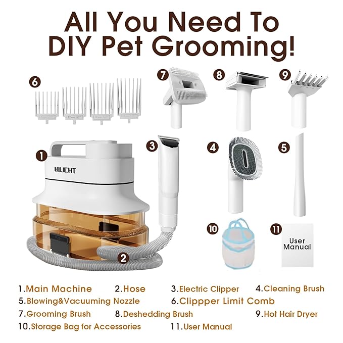 Dog Grooming Kit, Dog Hair Vacuum with Nail Clipper and 4L Dust Cup, 6 Pet Grooming Tools, Silent Pet Vacuum for Cats, Dogs and Other Animals-PurrikoPets