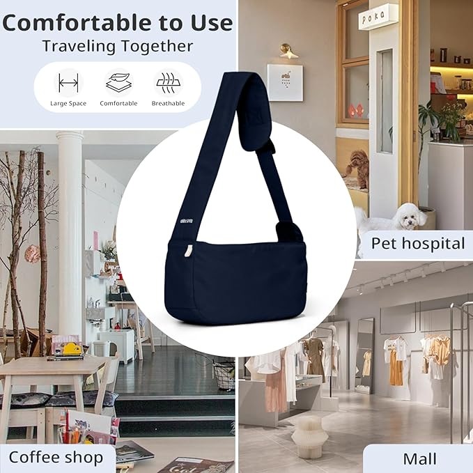 Dog Sling Carrier for Small Dogs and Cats, Lightweight Collapsible Pet Travel Bag with Adjustable Strap, Side Pockets & Breathable Mesh (Navy Blue, 15.7" L x 5.9" W x 8.6" H)-PurrikoPets